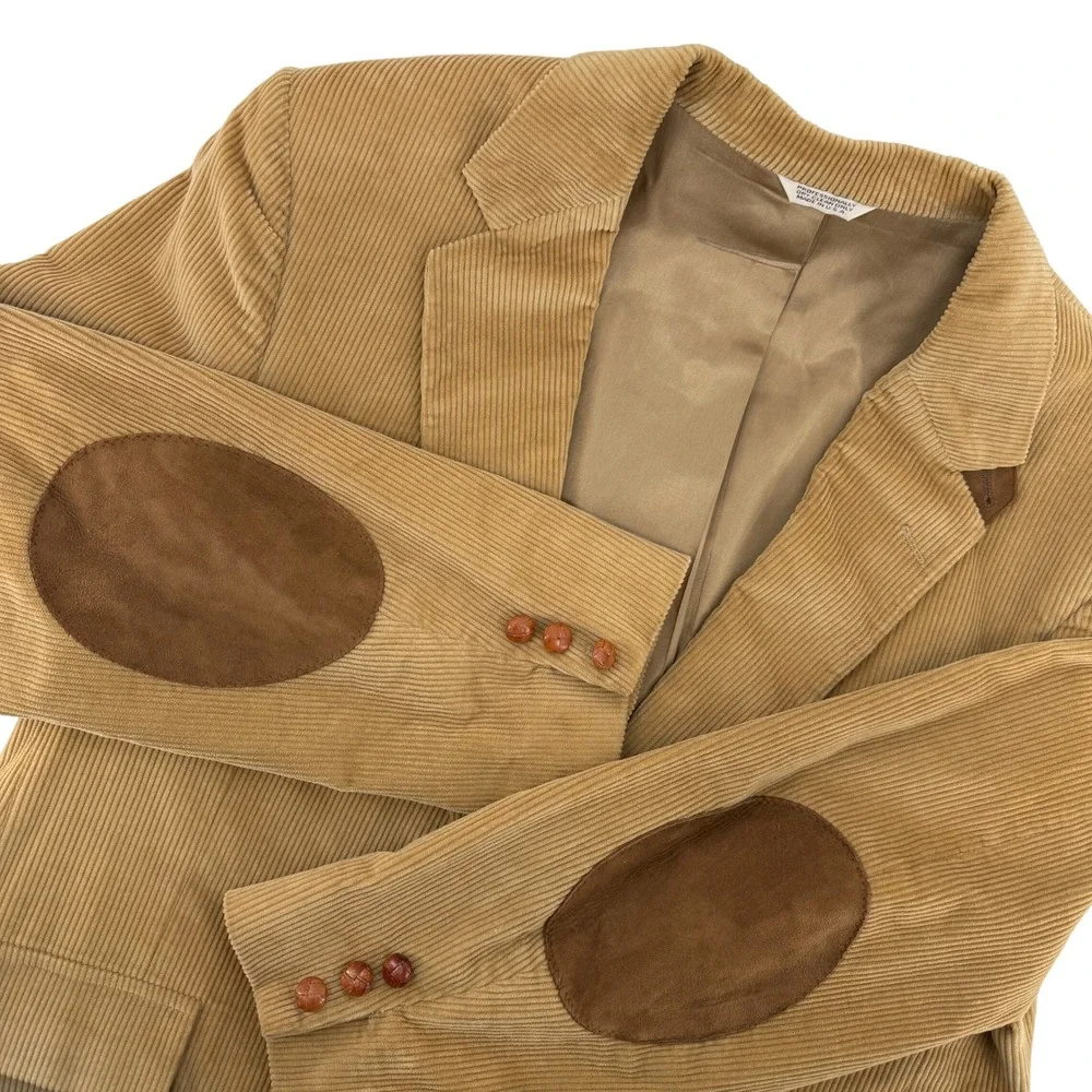 Vintage Corduroy Blazer Jacket Mens 44L Tan Suede Elbow Patches Made‎ USA Retro